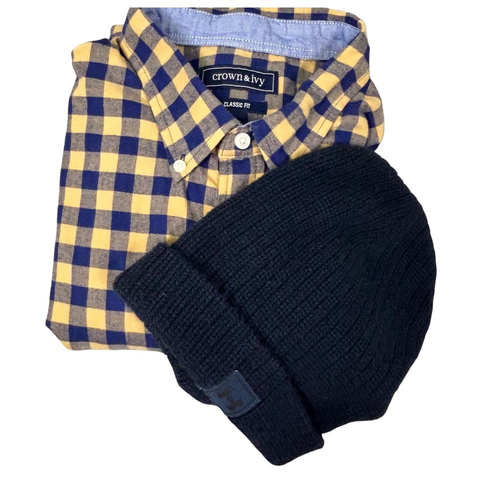 Crown & Ivy Mens Gingham Shirt XL Yellow Navy Blue & Under Armour Beanie Set